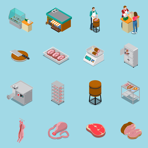 Butchery sausage shop isometric icons vector
