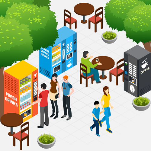 Coffee and beverage vending machines isometric vector