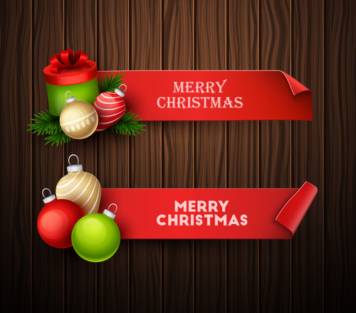 Gifts and colorful balls decoration christmas banner vector free download