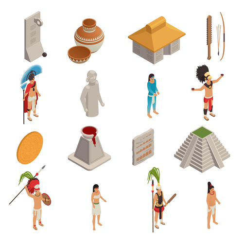 Maya civilisation isometric icons vector