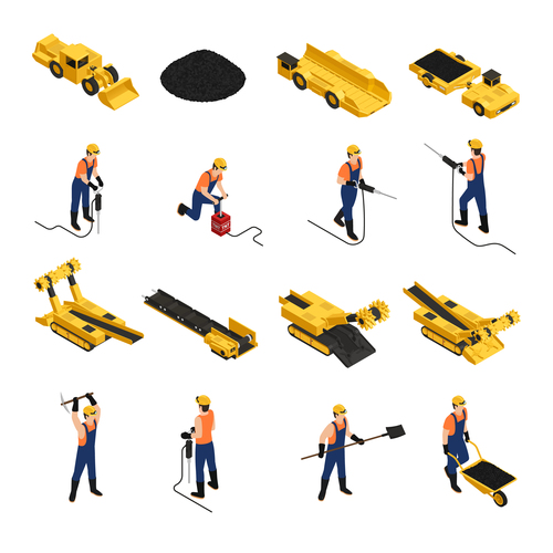 Miner mining isometric icons vector