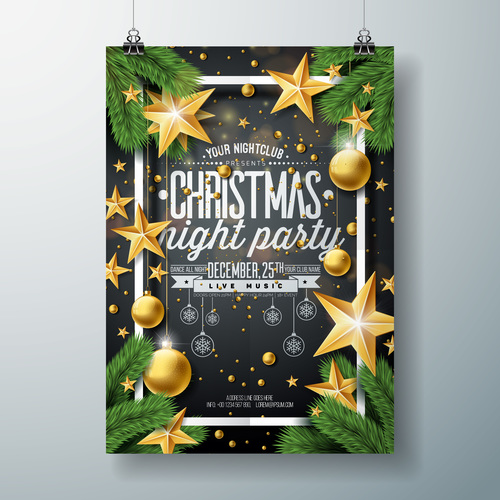 Pine branches and gold star background Christmas party card vector