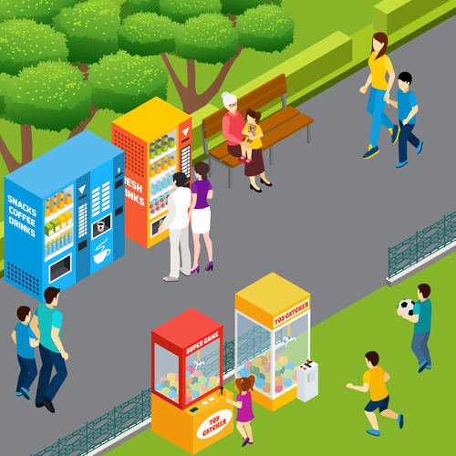 Vending machines isometric vector in the park