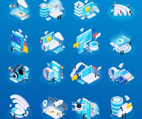 Wireless technology glow isometric icons vector