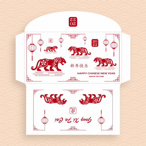 2022 new year tiger background red envelope template vector