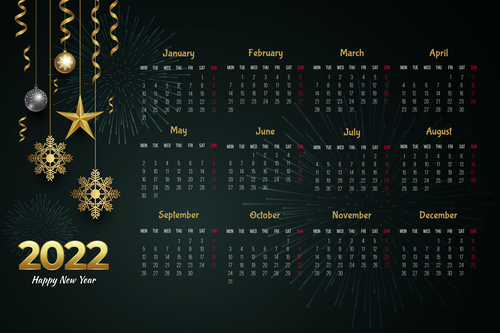 2022 year dark background calendar vector