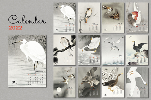 Bird 2022 monthly calendar template vintage japanese vector