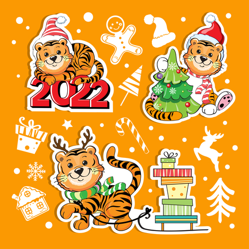 Christmas and New Year tiger sticker vector