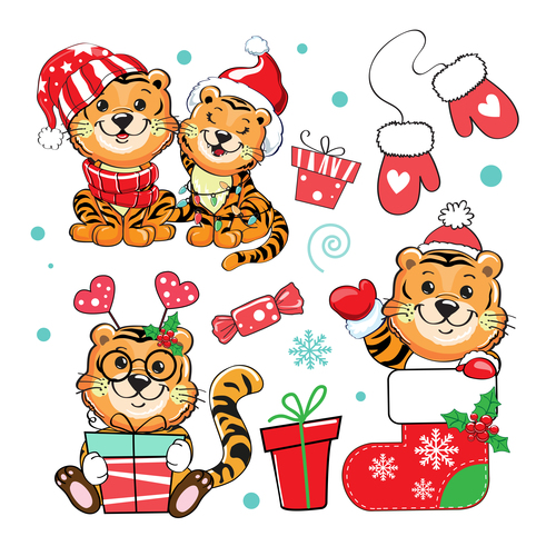 Christmas happy tiger cartoon vector