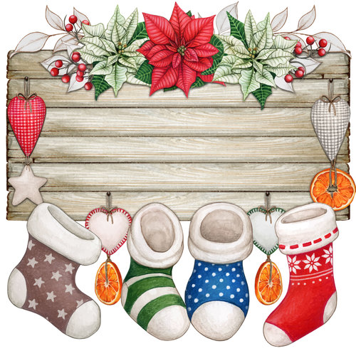 Christmas stocking hanging on wooden wall vector illustration