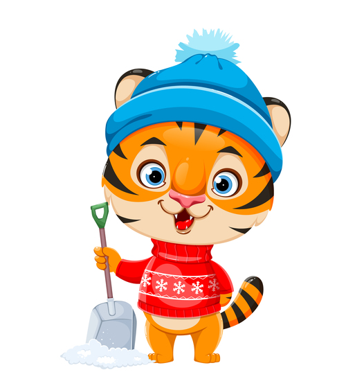 Clean up snow tiger cartoon vector