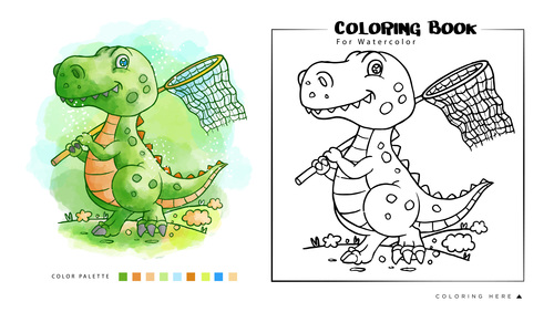 Dinosaur watercolor coloring book illustration vector