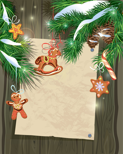 Gingerbread pine branches and kraft paper background vector