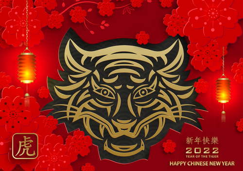 Gold line tiger head background china new year greeting card vector
