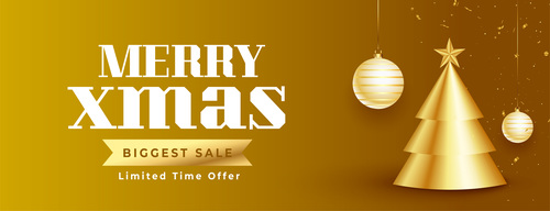 Golden 3d christmas tree with hanging balls sale banner vector