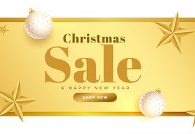 Golden christmas sale banner with realistic xmas balls stars vector