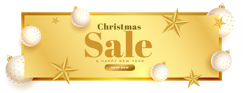 Golden christmas sale banner with realistic xmas balls stars vector
