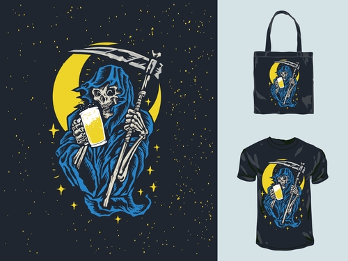 Grim Reaper pattern t-shirt and bag design vector