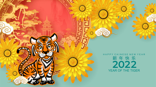 Guanghan Palace background China Year of the Tiger greeting card vector
