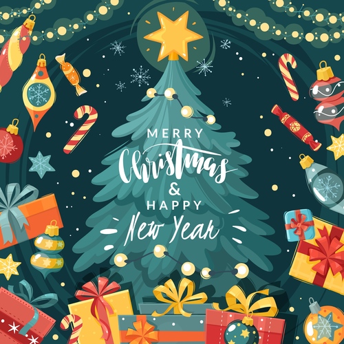 Hand drawn christmas tree with gifts vector