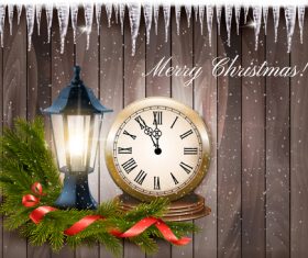 Holiday background with clock and lantern on old wooden texture vector