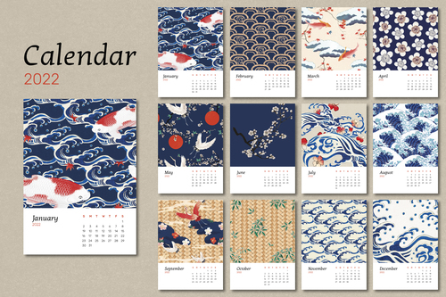 Japanese 2022 monthly calendar template vintage vector