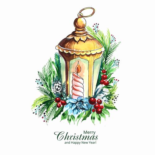 Mistletoe and Christmas lantern hand drawn vector illustration