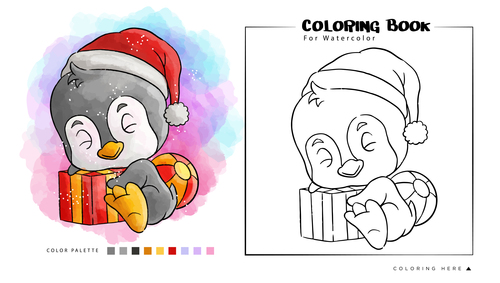 Penguin watercolor coloring book illustration vector