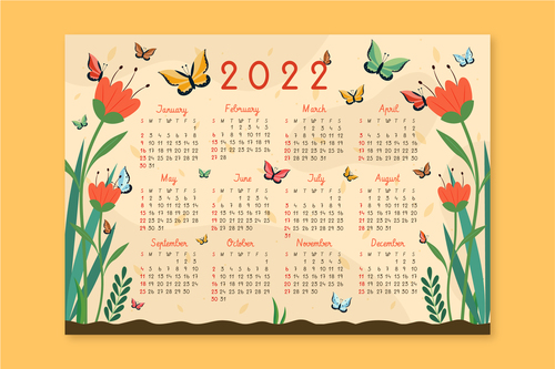 Plant and butterfly background 2022 calendar template vector