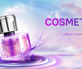 Purple perfume cosmetic bottle splashing on water surface vector