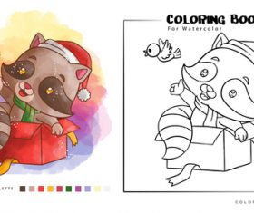 Raccoon watercolor coloring book illustration vector