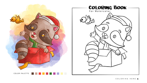 Raccoon watercolor coloring book illustration vector