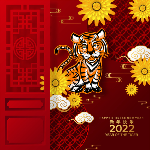 Red background China Year of the Tiger greeting card vector