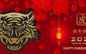 Red flower and tiger head background new year greeting card vector