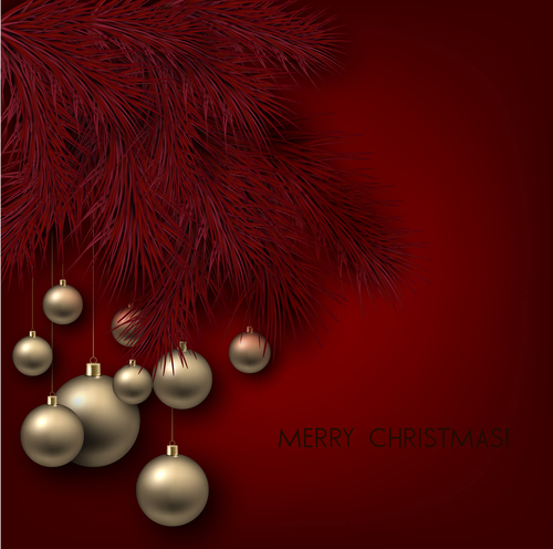 Red pine branches on red background and christmas balls vector