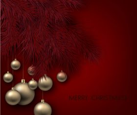 Red pine branches on red background and christmas balls vector