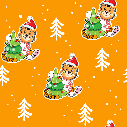 Seamless background tiger and christmas tree vector