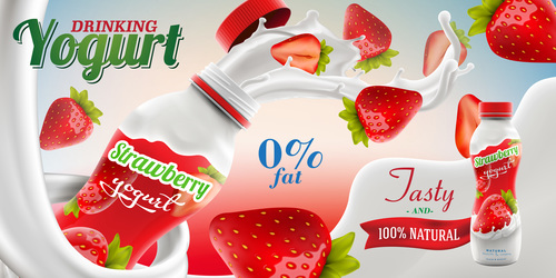 Strawberry flavored yogurt advertising vector