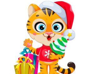 Tiger Vector Receiving Christmas Gifts