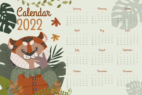 Year of the Tiger hand drawn 2022 calendar template vector