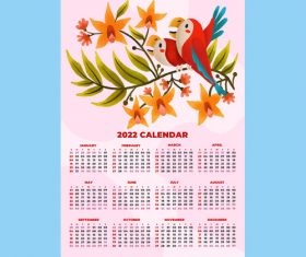 Bird watercolor 2022 calendar template vector