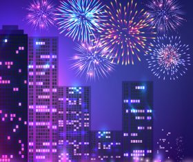 City buildings and fireworks vector