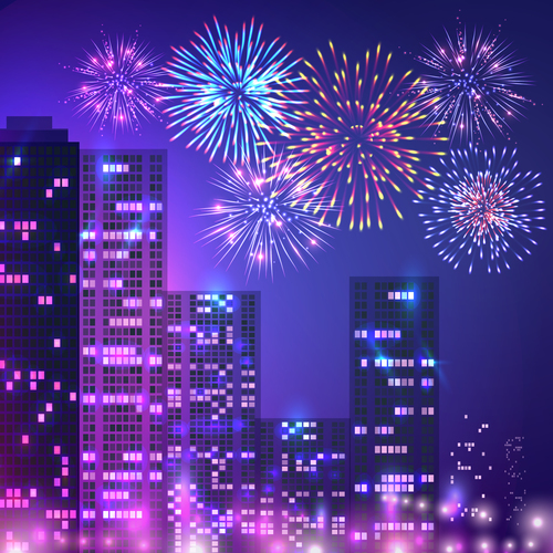 City buildings and fireworks vector