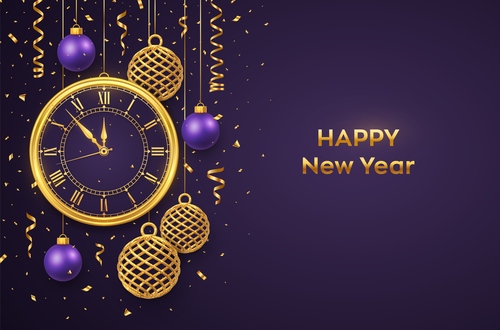 Clock and colored balls new year greeting card vector