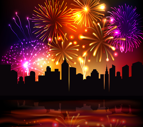 Fireworks realistic city background vector