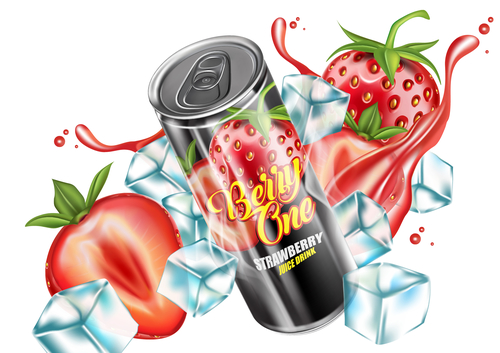 Ice cube strawberry and metal can drink advertising vector