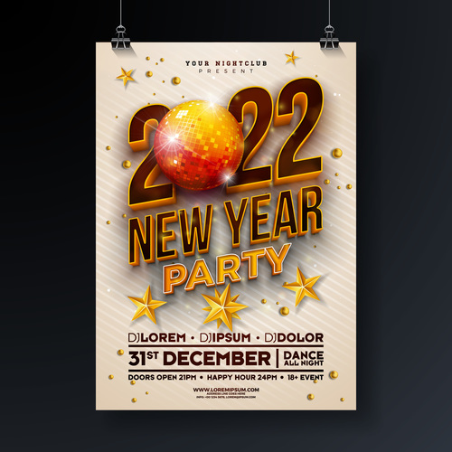 Shiny disco ball 2022 new year party poster vector