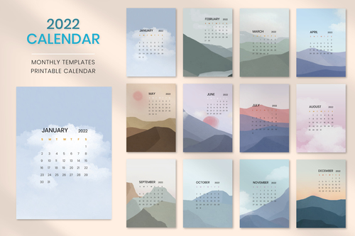Sky mountain yearly calendar vector