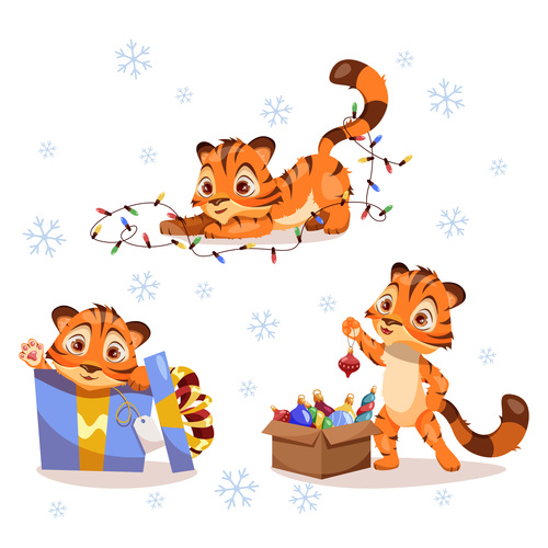 Tiger and christmas decorations vector