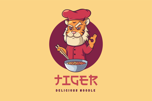 Tiger chef with noodle mascot logo vector